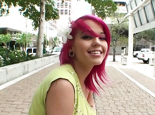 Pink-haired girl Lily jumps on a cock after sucking it hungrily