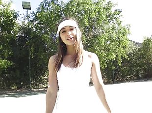 Tennis hottie Sara Luvv gags on his dick before they fuck