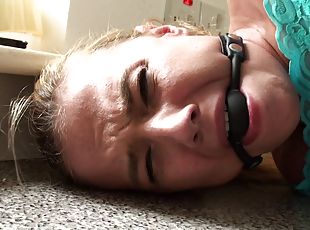 Gagged cutie fucked in her slutty mouth and tight pussy