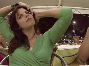 Amazing friends relax in the restaurant - darkhaired babe