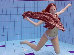 russisk, teenager, rødhåret, trusser, pool, solo