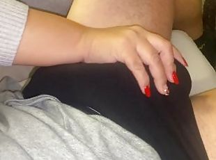 My stepmom comes to drink coffee and strokes my cock,fantastic handjob with red nails...very bitch..