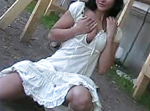 Cute teen in white dress public flashing