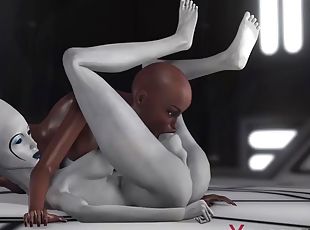 Sexy scifi female alien plays with a black girl in the space station
