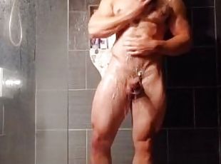 banhos, amador, pénis-grande, hardcore, gay, punheta, chuveiro, sozinho, musculado, realidade
