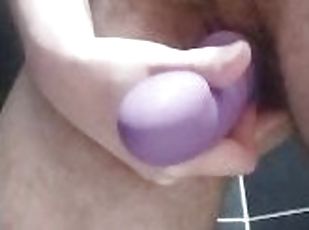 Using purple double ended dildo on myself in freshly wet pants and squirting