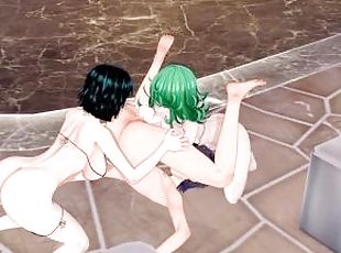 Threesome with the sisters Fubuki and Tatsumaki in their swimsuits in the sauna