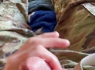 Army soldier jerks off wearing his sarge's red and white boxers and shoots a hot load of cum!