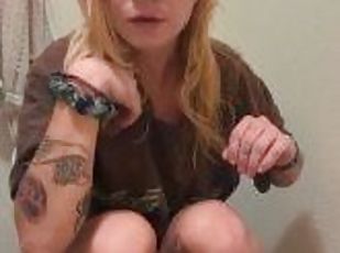 blonde chick takes messy morning piss misses
