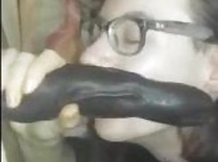 Femboy playing with big dildo and cumming on his thigh highs