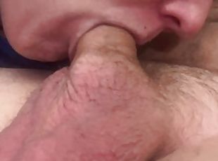 Fondling and sucking his uncut cock until he cums all over his chest