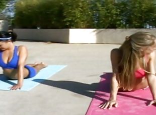 Four sexy girls lick pussies after yoga session
