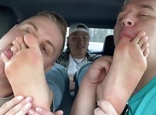 Straight Asian guy Milus Slinger foot worshiped by two lads