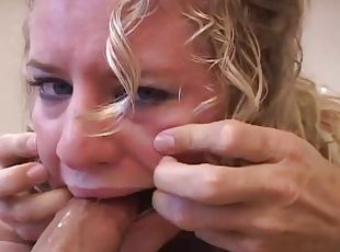 Cute blonde with curly hair gives loving blowjob