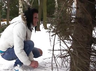 Flirting with a brunette outdoors and fucking her shaved cunt home