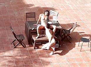 Couple playing and fucking in the yard, outdoors