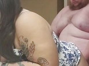 Fat guy fucks busty tattooed slut in hotel bathroom