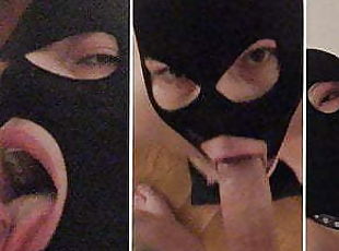 Masked Slut goes on her knees for a deepthroat and facefuck