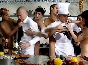 Five insatiable bitches seduce two cooks to have hot sex