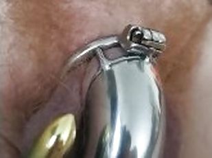 Chastity tease with vibrator and ball slapping