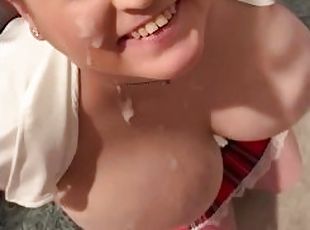 Smiling Pawg takes facial and cum on tits
