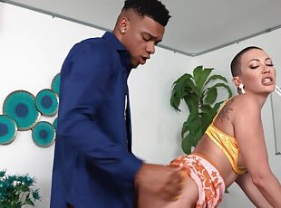 Bald-headed slut Adira Allure gets fucked from behind after giving head