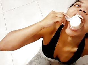 Stepdaughter drinking her protein post workout with piss straight in her mouth