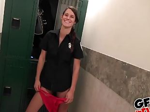 Brunette teen Tyler Michaels fucks in a locker room wearing a uniform