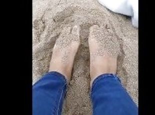 offentlig, amatør, strand, fødder, beskidt, fetish