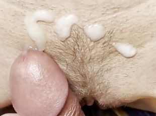 Closeup of MILFs trimmed pussy nailed. Cumshot on bush