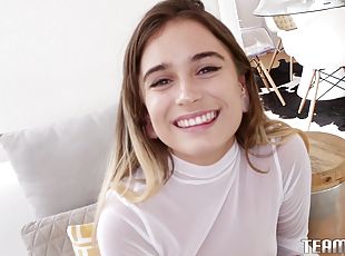 Petite young brunette with sexy smile takes massive dick in POV