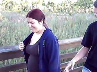 Chubby amateur girl gives a blowjob and gets fucked outdoors