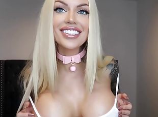 Amateur tattooed blonde with huge silicone tits on webcam