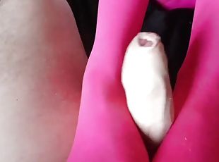 Kinky chick in pink nylon pantyhose pleasures her boyfriend
