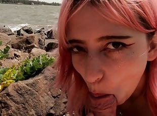 Hot pink hair Russian teen gets blowjob at the beach