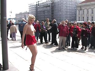 Cum thirsty blonde whore Kitty tied up in public and humiliated
