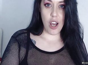 Huge tits brunette solo amateur beauty in black fishnet top and stockings fucking dildo