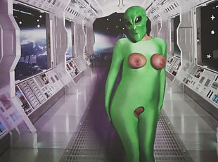 Masked and costumed alien babe with big tits toys her pussy with dildo