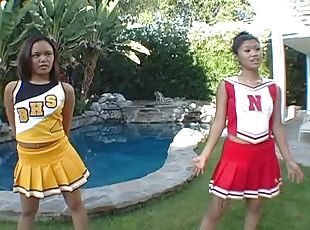 asiático, interracial, a-três, cheerleaders, uniforme, mini-saia