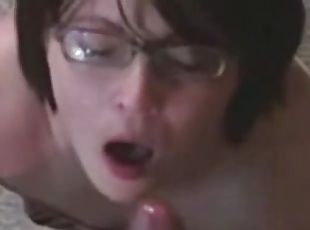 Amateur brunette wearing glasses gets face-fucked in homemade clip