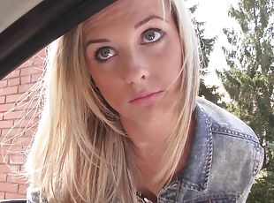 Blue eyed beauty on the hood of his car taking dick