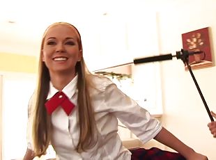 Bianca Pureheart in uniform swallows cum in a cute MMF threesome clip