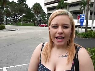Tattooed blonde sucks his cock hard then slams it up her twat