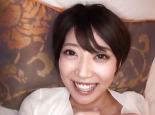 Luscious Japanese cutie milks a stiff cumshooter then takes it up her hairy twat