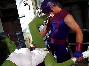 Horny senorita with the green skin is banged by the hung superhero