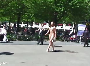 nudiste, en-plein-air, public, maigre, amateur, fétiche, brunette, petits-seins