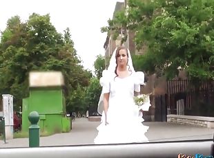 Sexy girl in a wedding dress playing with a stranger's cock in the car