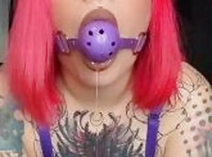 Tattooed beauty gagged plugged and vibrates clit