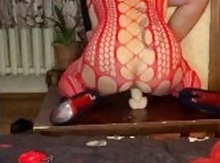 Nymphomaniac in red and latex mask jerking and blowjob big cock cum on her big boobs