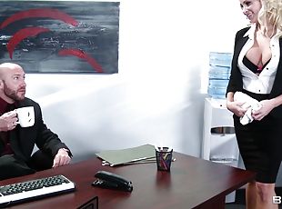 Blonde secretary with fake tits enjoys stiff dick of her boss